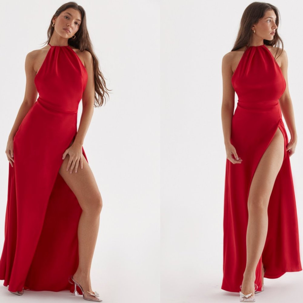 HOUSE OF CB 'Zanab' Red Rose Thigh Slit Maxi Dress NWOT - Picture 2 of 6